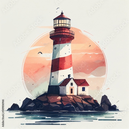 lighthouse with a house, watercolor painting by Generative AI