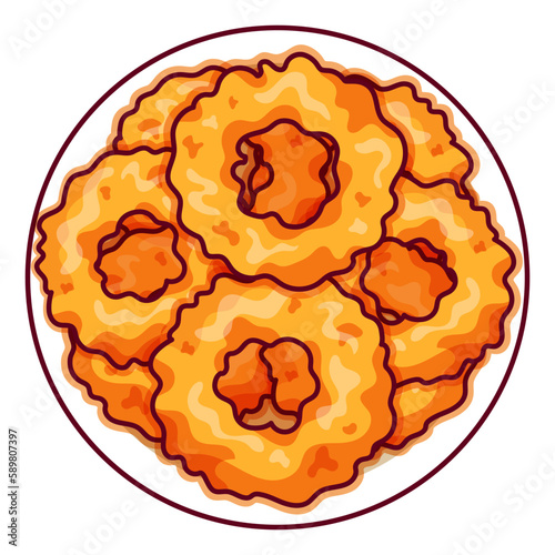 American fast food fried onion rings illustration vector.
Asian appetizers and finger food icon top view.
Fried onion rings top view cartoon.
Fast food crispy onion rings menu icon vector.