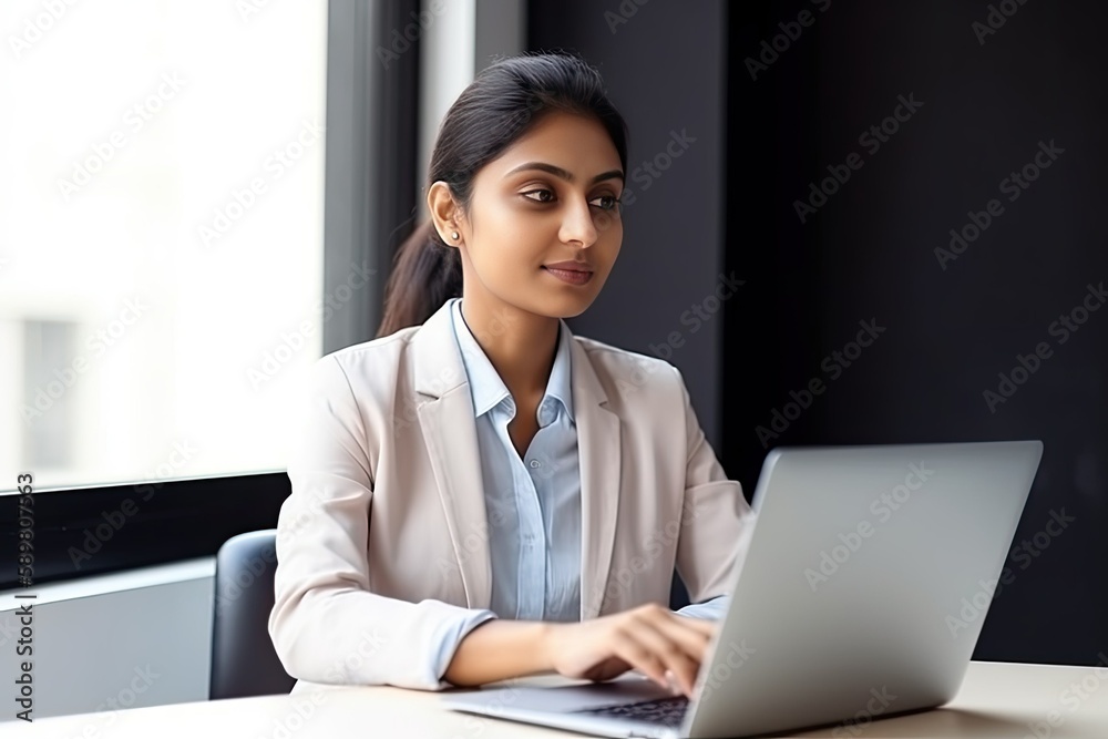 Smiling Indian business woman in front of laptop, at corporate office room, Generative AI Smiling Indian business woman in front of laptop, at corporate office room, Generative AI