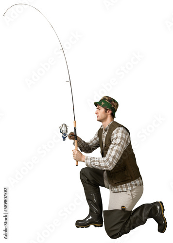 Male fisherman with fishing rod isolated on white