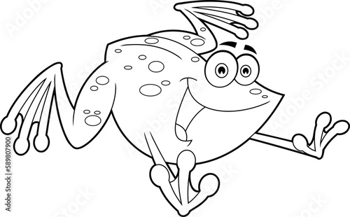 Outlined Cute Frog Cartoon Character Jumping. Vector Hand Drawn Illustration Isolated On Transparent Background