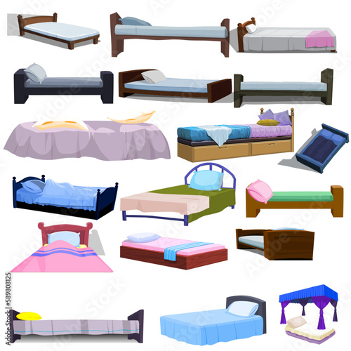 Wooden beds with different headboards cartoon vector illustration set. Collection of furniture for sleep with blankets, colored bed linen and pillows isolated on white background. Interior concept