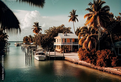 Waterfront homes and boats along the waterway in Marathon key in the Florida Keys. Generative AI