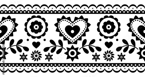 Floral folk art vector seamless embroidery long horizontal pattern inspired by traditional designs Lachy Sadeckie from Poland - textile or fabric print ornament in black and white
	