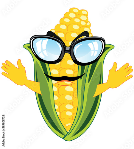 Vector illustration of the alive cob of the corn bespectacled and with hand