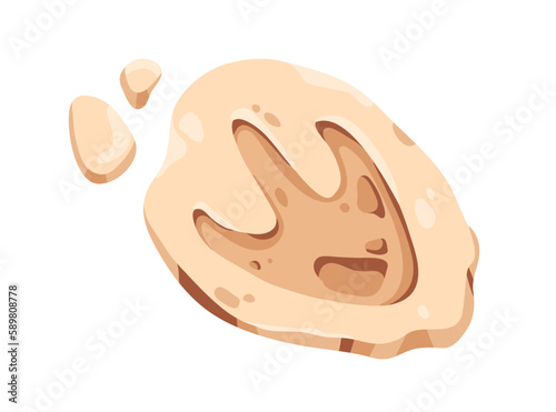 Dinosaur paw footprint on fossil stone. Prehistoric rock, fossilized dino trace, imprint. Archeology, paleontology art of Jurassic period. Flat cartoon vector illustration isolated on white background