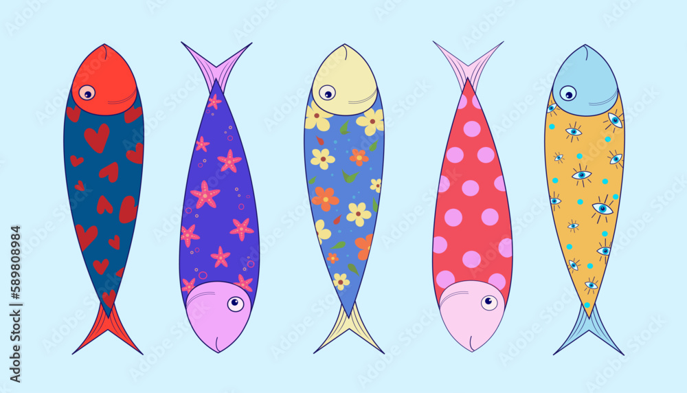 Colorful sardines on a blue background Colorful sardines on a blue background