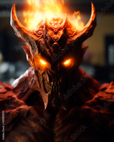 Demon from hell in Fire flame and molten lava Deadly furious look and Red eye  photo