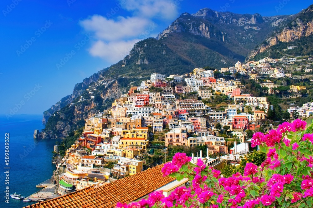 Beautiful view on the houses of famous  Positano town - Amalfi coast, Campania, South Italy