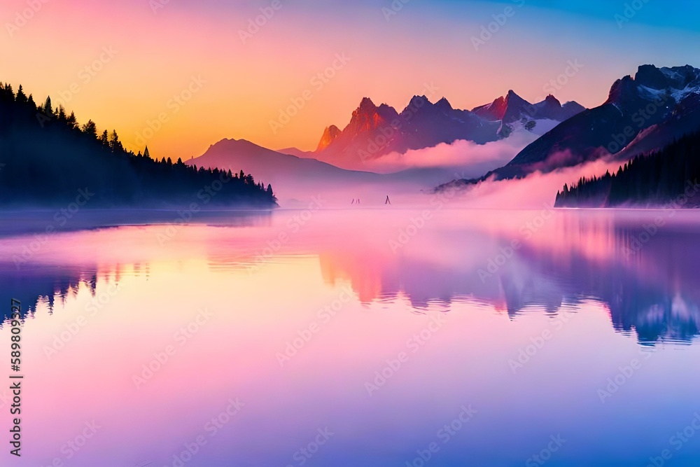 Reflection of clouds in the water at sunset, between mountains, fog