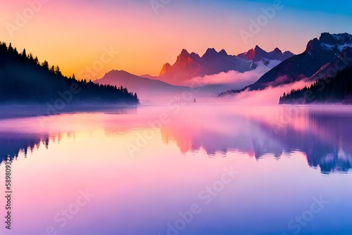 Reflection of clouds in the water at sunset, between mountains, fog © Sonali