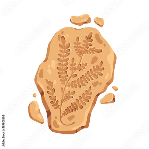 Fossil stone, fossilized rock. Natural plant imprint, organic mark on old ancient mineral. Archaeology art with leaf branch, prehistory trace. Flat vector illustration isolated on white background