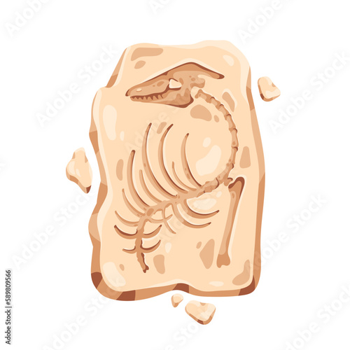 Dinosaur fossil stone, ancient old prehistoric imprint. Archeology art, rock with organic fossilized footprint of dino skull and bones. Flat cartoon vector illustration isolated on white background