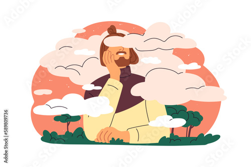Happy persons head in cloud in sky. Carefree smiling dreamer contemplating, dreaming in heaven. Optimism, bliss, peace, happiness concept. Flat graphic vector illustration isolated on white background