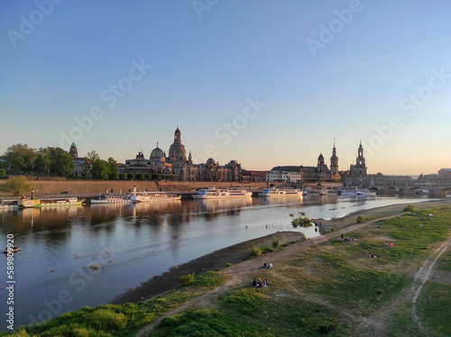 old town of Dresden  Germany on the Elbe River at dusk