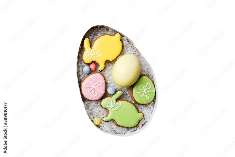 Colorful easter cookies in basket with Multi colors Easter eggs isolated on white background. Pastel color Easter eggs. holiday concept