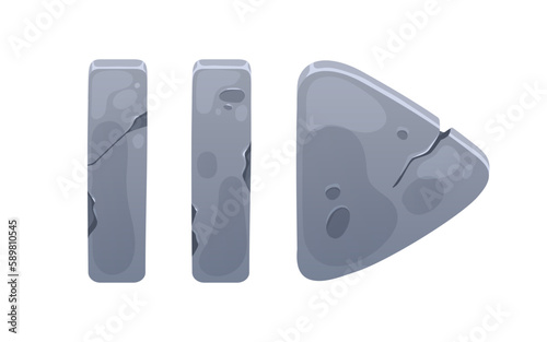 Stone buttons design for game. Metal plates, plaque arrow for play key and pause. Iron panels for gui navigation, ui elements. Flat cartoon vector illustration isolated on white background