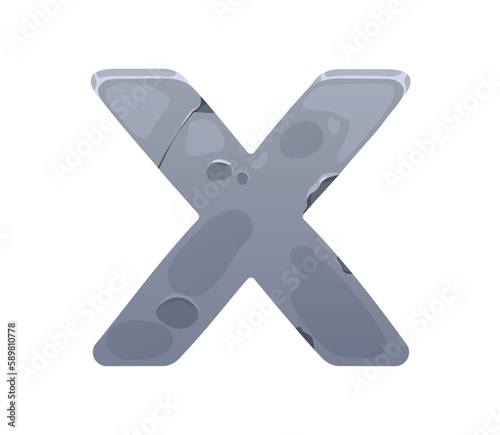 Cross sign  X mark  stone gui symbol. Metal key for cancel  wrong answer  ban  error and fail. Iron design element  game ui icon for reject. Flat vector illustration isolated on white background