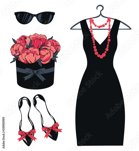 A set of stylish women's clothing for a cocktail party. Fashion look. Dress, shoes, glasses and a bouquet of peonies. Vector illustration for a postcard or poster, for a magazine article.