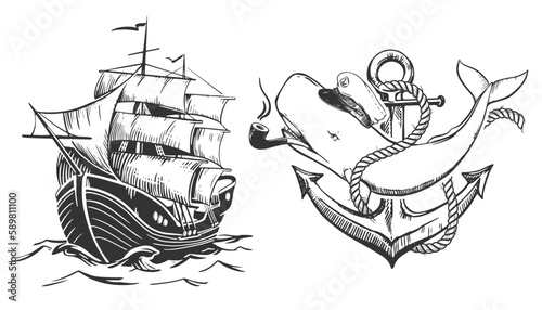 White sperm whale in a captain's cap and with a smoking pipe in his mouth. A sailboat sails on the waves with raised sails. Old school tattoo sketch. Vector illustration in engraving style.