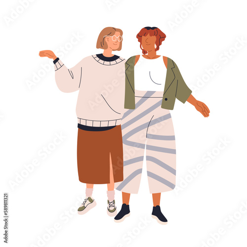 Young women friends walking, hugging, talking. Girls, love couple going together. Modern girlfriends on date outdoors, strolling, speaking. Flat vector illustration isolated on white background