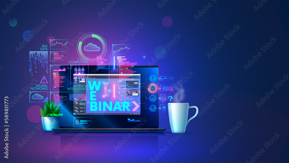 Webinar of technology web development. Laptop with education materials and programm interfaces on screen computer. Online tutorial of programming of artificial intelligence. Online webinar concept.