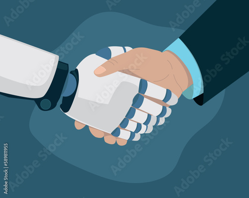 Illustration vectorielle montrant une poignée de mains entre un robot et un humain. Concept du remplacement de l'homme par la machine et de la progression de l'intelligence artificielle