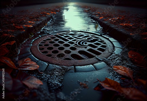 Storm sewer designed to carry excessive surface water from impervious surfaces such as paved roads into the drainage system. Generative AI photo