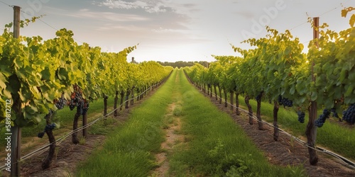 Summer landscape grape orchard, mature bunches of grapes.Colorful summer template. Concept of recreation. Generative AI