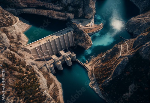 The Cortes La Muela Pumped Stroge Hydropower Plantis the largest Pumped storage power plant of Europe in Spain aerial view. Generative AI photo