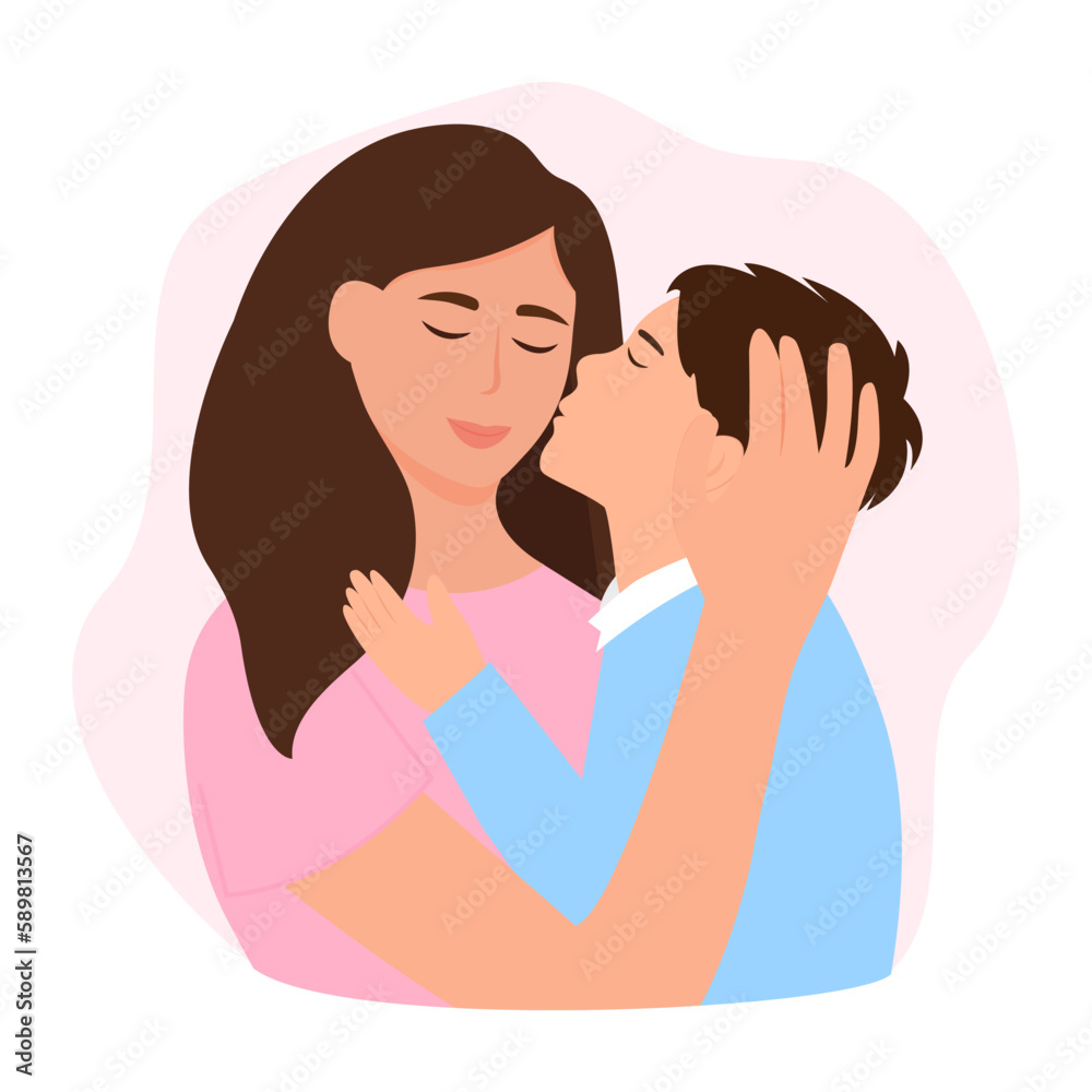 Happy mother hugging her son. Vector illustration. Mother's Day .
