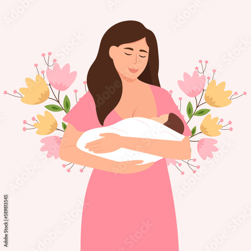 Woman feeding a baby with breast.  Mother's day.Lactation concept. World Breastfeeding Week. Flat vector illustration.