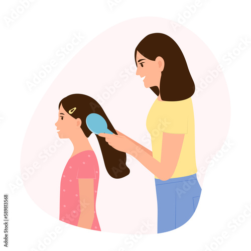 Mother brushing her daughter's hair.  Happy childhood and motherhood, parental love and care for children. Vector illustration