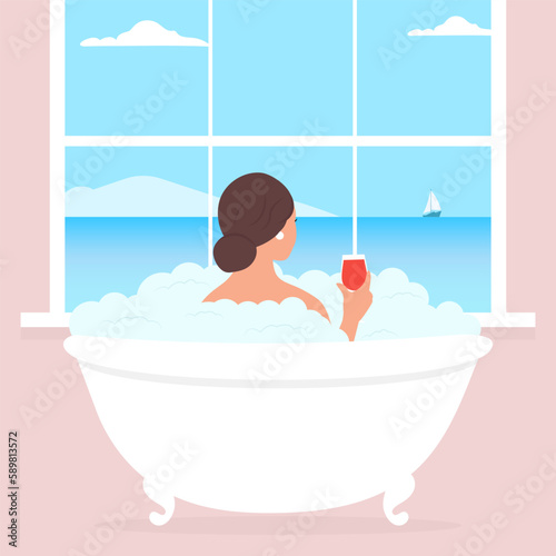 Relaxed woman taking bath, lying in foam bubbles. A lady with a wineglass enjoys the sea landscape. . Vector illustration