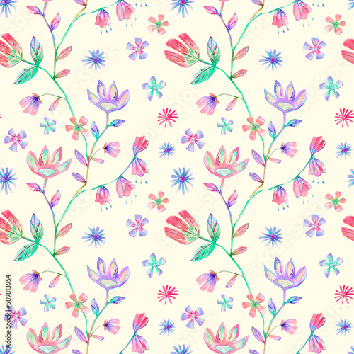 Watercolor flowers seamless pattern. Pink red violet floral repeat print on ivory background. Fantasy plant illustration for textile, wallpaper, fabric, wrapping paper.