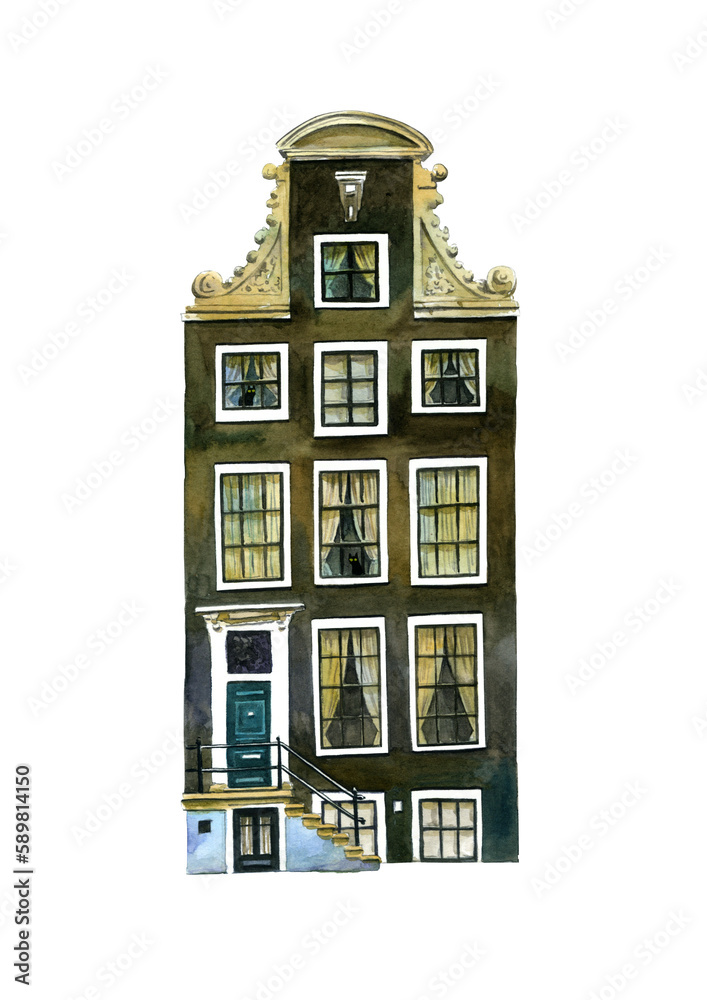 Drawing watercolor Holland house. With cats in the windows. Netherlands painted in sketch style illustration. For interior print decoration, postcard, fabric, sketchbook cover.