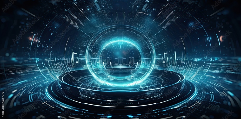 Fototapeta premium modern technology circle background or abstract image, in the style of rtx on, blueprint, circuitry, lens flare, light navy and sky-blue, Illustration Generative AI