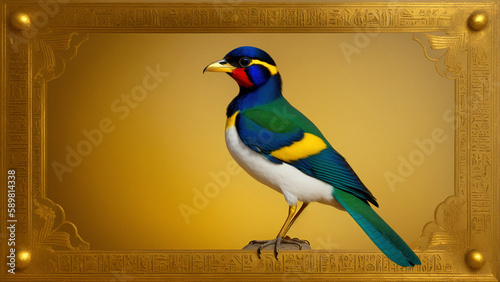 decorative blue gold egyptian bird on gold background, generative AI photo