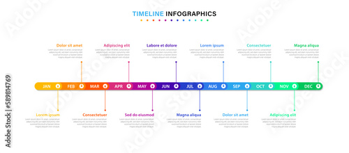 Infographic timeline template for 1 year. Business infographic timeline design with 12 steps or options. Can be used for workflows, calendar layouts, diagrams, presentations. Vector illustration