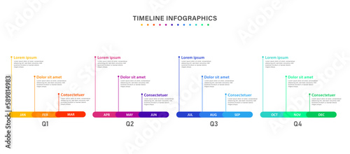 Infographic timeline template for 1 year. Business infographic timeline design with 12 steps or options. Can be used for workflows, calendar layouts, diagrams, presentations. Vector illustration