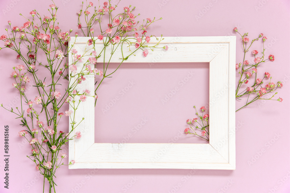 Vintage Frame With Flower Arrangement, Copy Space, Pastel Background