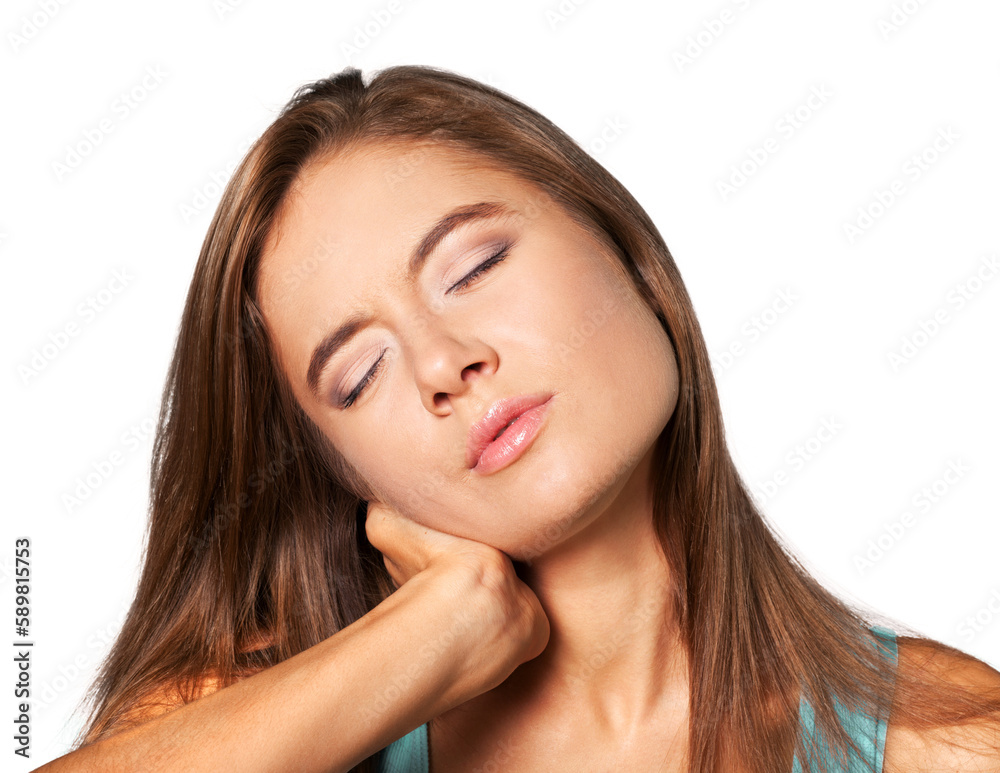 Woman suffering from neck pain isolated on white Woman suffering from neck pain isolated on white