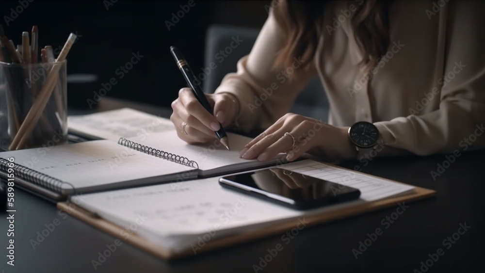 Business woman checking planner and signed a contract with Generative AI. Business woman checking planner and signed a contract with Generative AI.