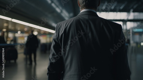 Man in business clothing with luggage in the airport with Generative AI. 