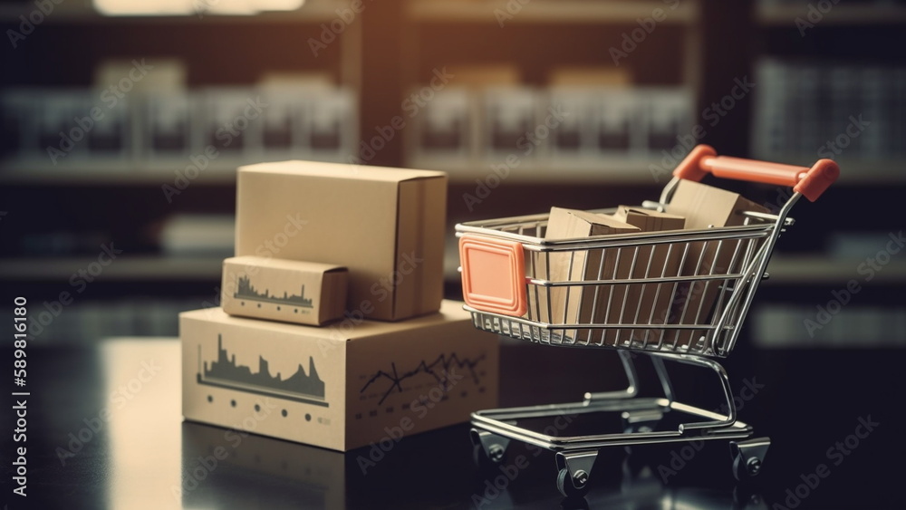 E-commerce. Shopping cart with cardboard boxes with Generative AI.