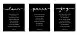 Love, Peace, Joy. Vector quote with symbols. Lettering typography poster christian words: love, peace, joy. Modern design frame. Vector word illustration. Wall art bedroom, wall decor.