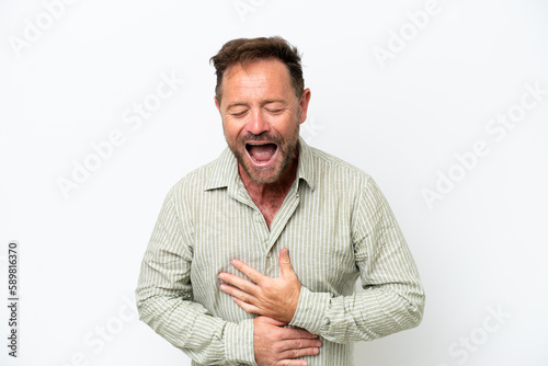 Middle age caucasian man isolated on white background smiling a lot