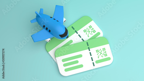 Preparations for a happy journey away. Airplane, ticket, luggage bag, passport, etc. 3d rendering
