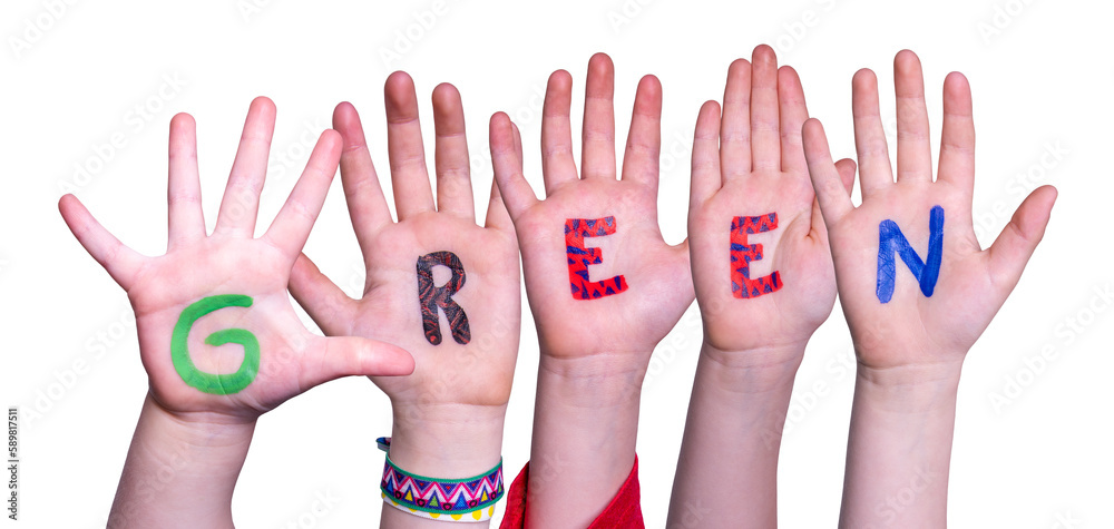 Children Hands Building Word Green, Isolated Background Children Hands Building Word Green, Isolated Background