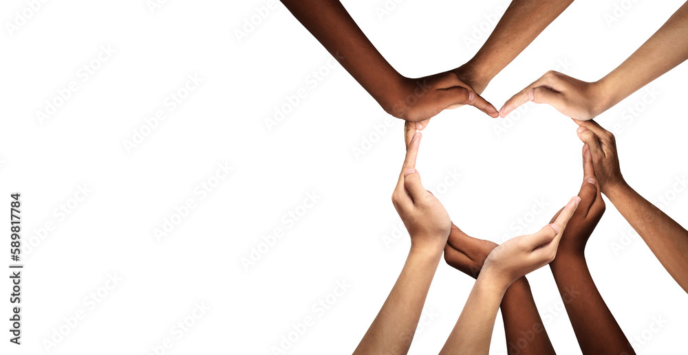 Unity and diversity are at the heart of a diverse group of people connected together as a supportive symbol that represents a sense of teamwork and togetherness. Symbol and shape created from hands. - obrazy, fototapety, plakaty 